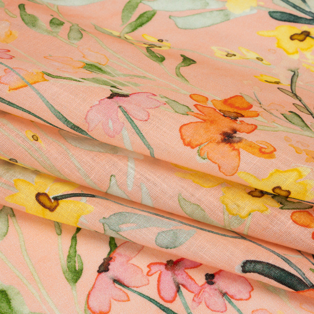 Lightweight Linen Woven - Yellow, Red and Green Watercolor Floral Trails on Blush Pink
