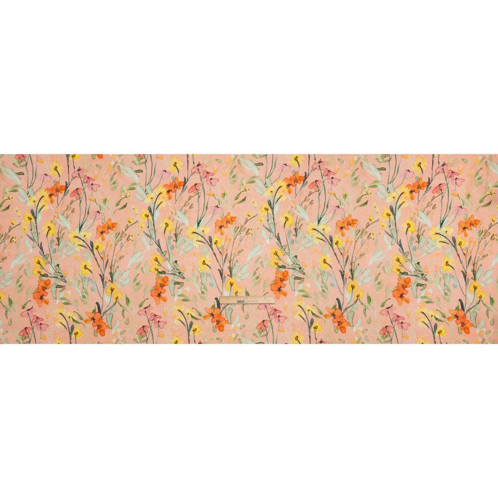 Lightweight Linen Woven - Yellow, Red and Green Watercolor Floral Trails on Blush Pink