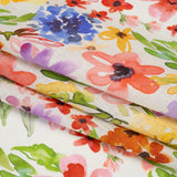 Lightweight Linen Woven - Purple, Yellow and Green Petal Drift Florals on White