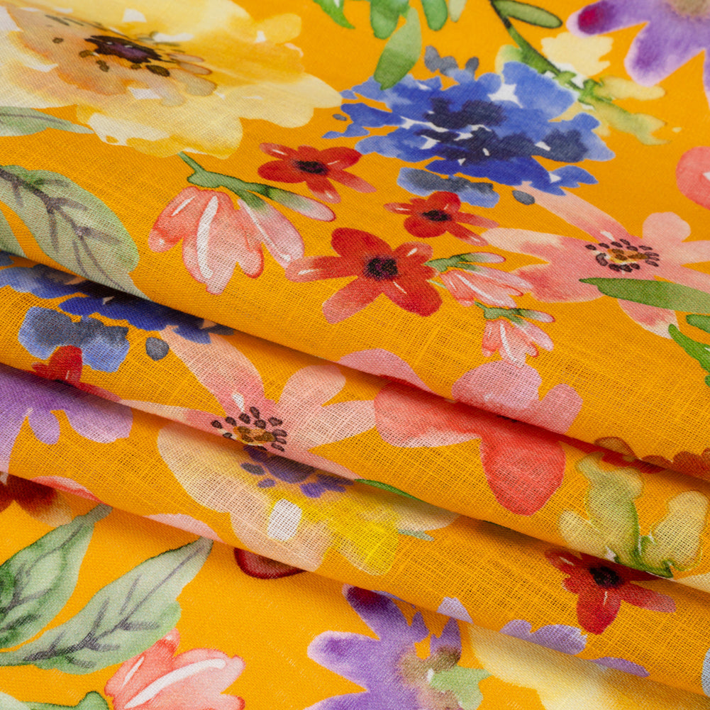 Lightweight Linen Woven - Purple, Yellow and Green Petal Drift Florals on Saffron Yellow