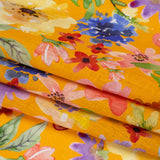 Lightweight Linen Woven - Purple, Yellow and Green Petal Drift Florals on Saffron Yellow