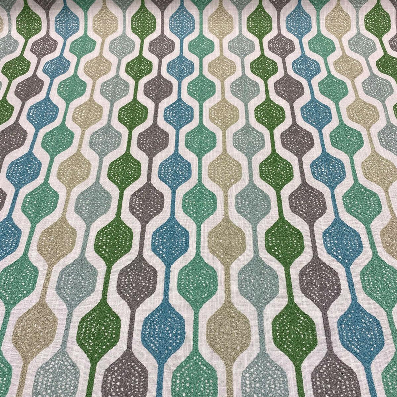 Waverly Handywork Embroidered Spring Blue Green Polyester Cotton Fabric - White Background Blue Green Teal Gray, 55" Width, 9.00" H 4.75" V Repeat (1 Yard)