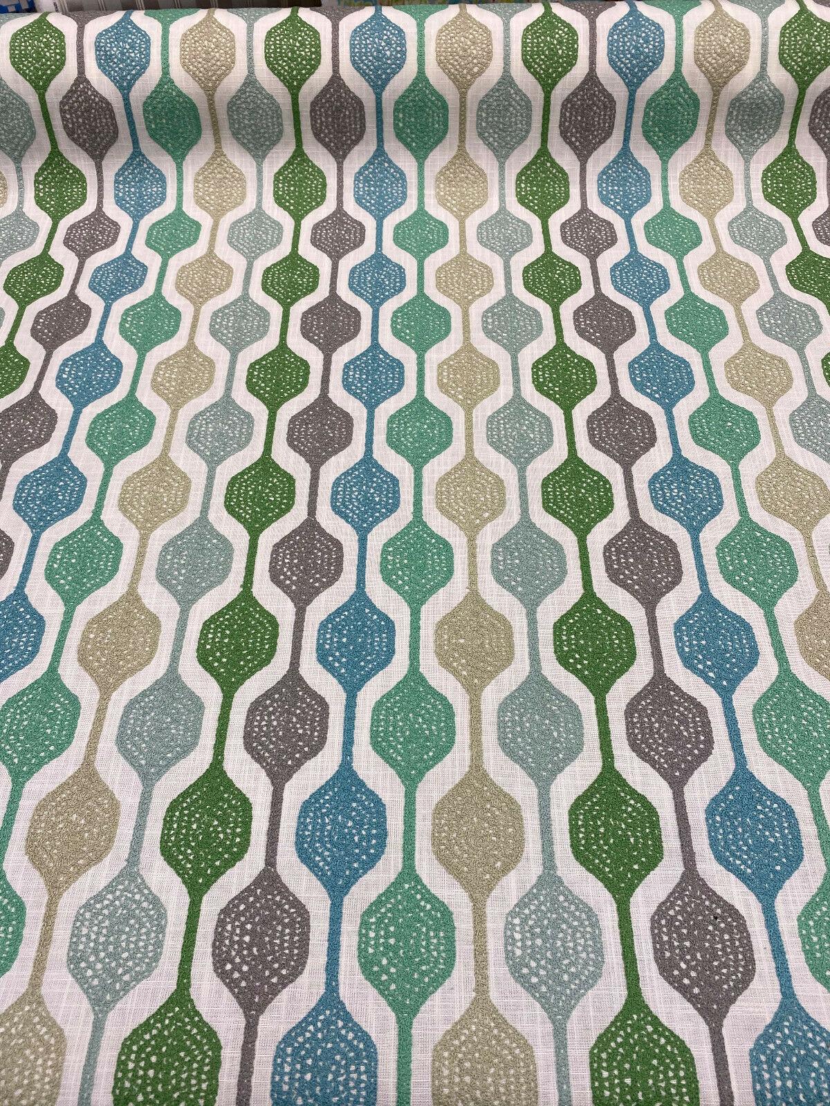 Waverly Handywork Embroidered Spring Blue Green Polyester Cotton Fabric - White Background Blue Green Teal Gray, 55" Width, 9.00" H 4.75" V Repeat (1 Yard)