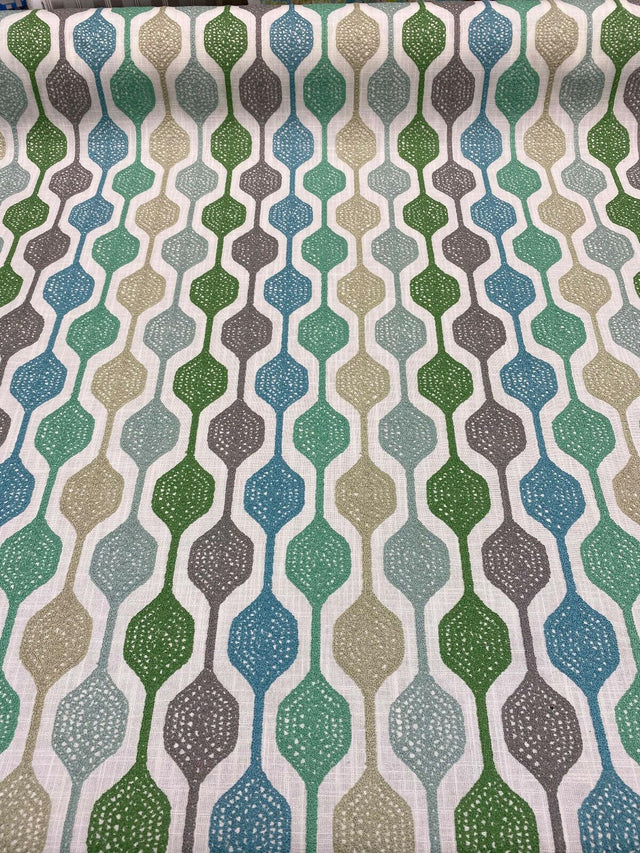 Waverly Handywork Embroidered Spring Blue Green Polyester Cotton Fabric - White Background Blue Green Teal Gray, 55" Width, 9.00" H 4.75" V Repeat (1 Yard)