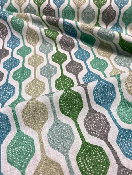 Waverly Handywork Embroidered Spring Blue Green Polyester Cotton Fabric - White Background Blue Green Teal Gray, 55" Width, 9.00" H 4.75" V Repeat (1 Yard)