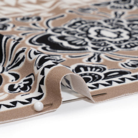 Stretch Polyester Tricot Panel - Beige, Black and White Floral and Geometric - Designer Deadstock