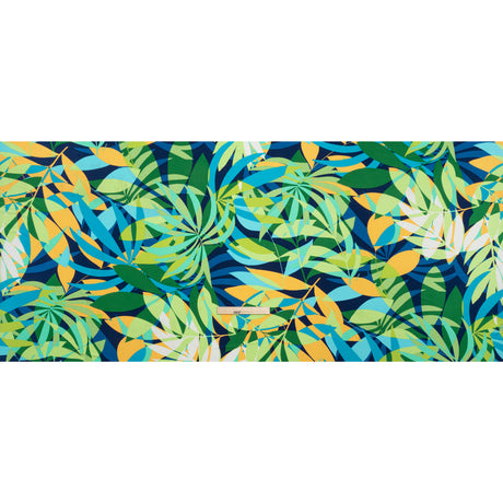 Stretch Polyester Tricot - Green, Blue and Goldenrod Overlapping Palm Leaves - Designer Deadstock