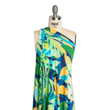 Stretch Polyester Tricot - Green, Blue and Goldenrod Overlapping Palm Leaves - Designer Deadstock