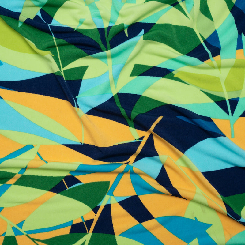 Stretch Polyester Tricot - Green, Blue and Goldenrod Overlapping Palm Leaves - Designer Deadstock