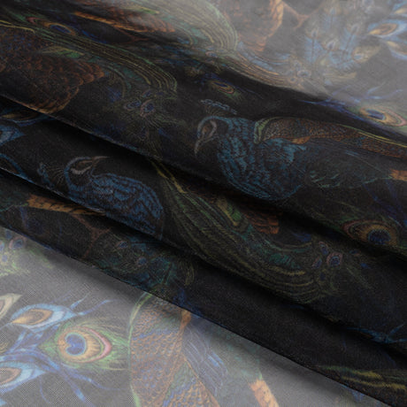 Polyester and Viscose Organza - Blue and Green Peacocks on Black
