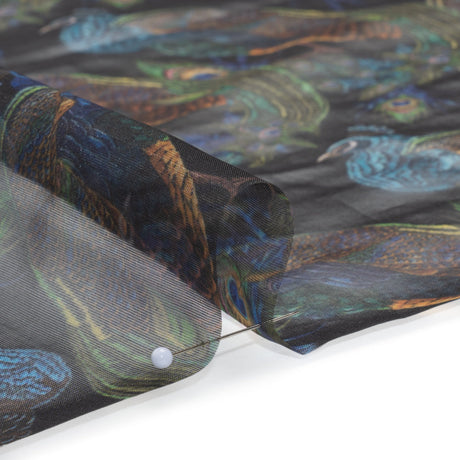 Polyester and Viscose Organza - Blue and Green Peacocks on Black