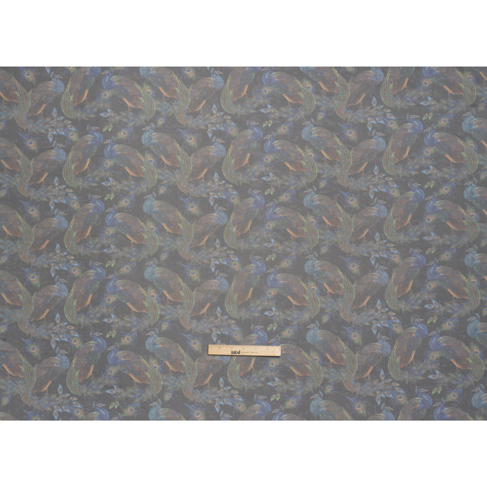 Polyester and Viscose Organza - Blue and Green Peacocks on Black