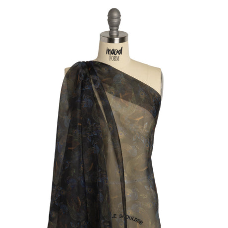 Polyester and Viscose Organza - Blue and Green Peacocks on Black