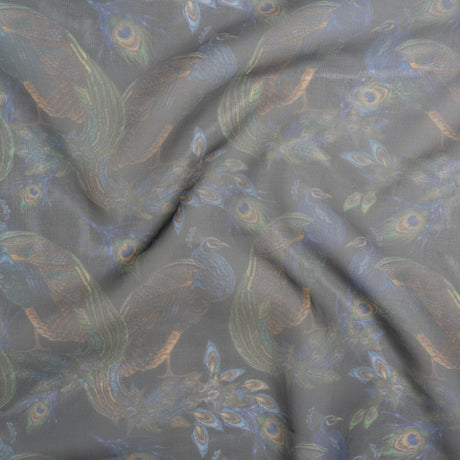 Polyester and Viscose Organza - Blue and Green Peacocks on Black