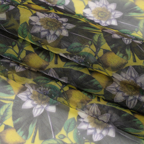 Polyester and Viscose Organza - Yellow and Green Lemons and Lily Pads