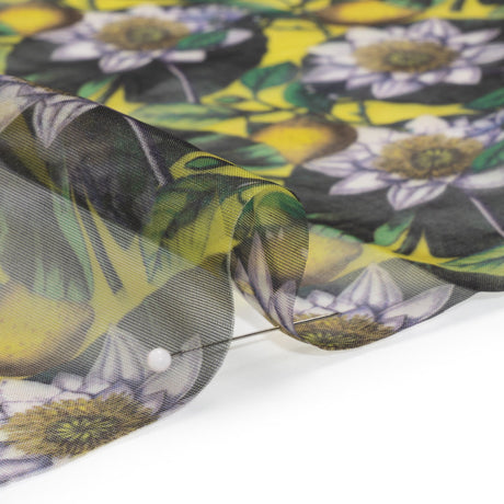 Polyester and Viscose Organza - Yellow and Green Lemons and Lily Pads