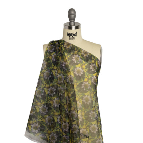 Polyester and Viscose Organza - Yellow and Green Lemons and Lily Pads
