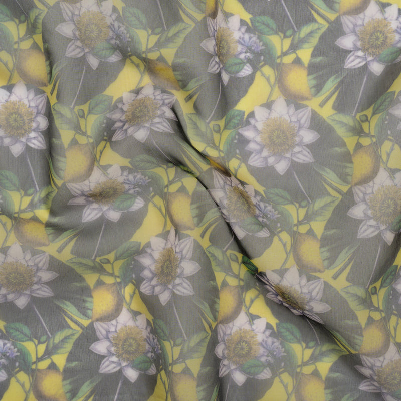 Polyester and Viscose Organza - Yellow and Green Lemons and Lily Pads