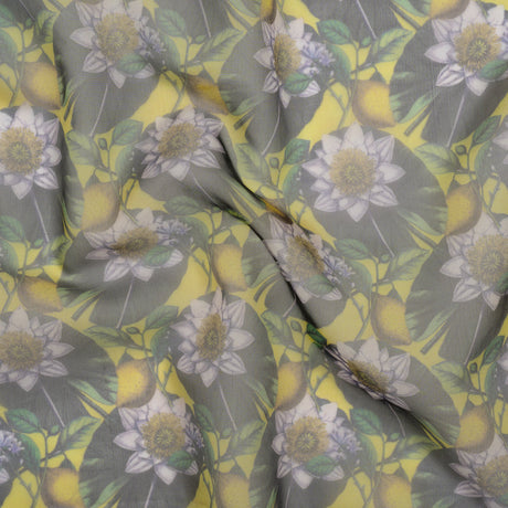 Polyester and Viscose Organza - Yellow and Green Lemons and Lily Pads
