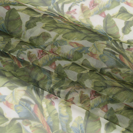 Polyester and Viscose Organza - White and Green Palm Trees