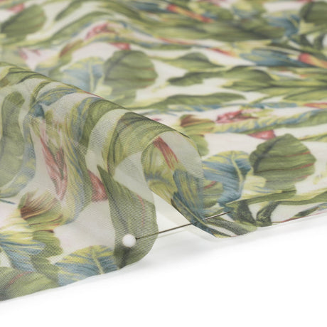 Polyester and Viscose Organza - White and Green Palm Trees
