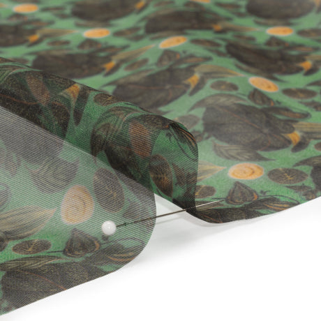 Polyester and Viscose Organza - Green and Teal Tropical Leaf Bunches