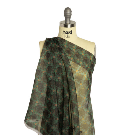 Polyester and Viscose Organza - Green and Teal Tropical Leaf Bunches