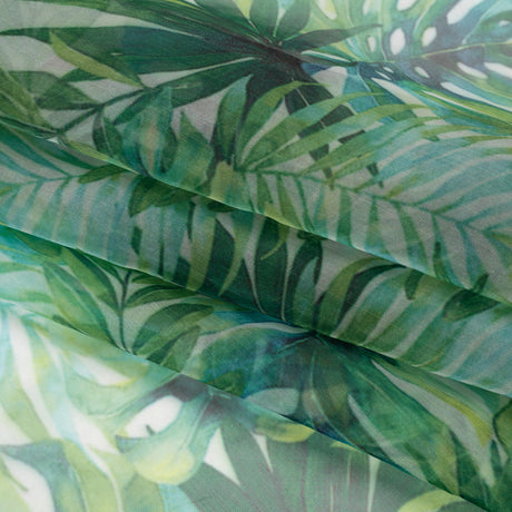 Polyester and Viscose Organza - Green and Sky Blue Topical Leaves