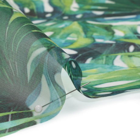 Polyester and Viscose Organza - Green and Sky Blue Topical Leaves