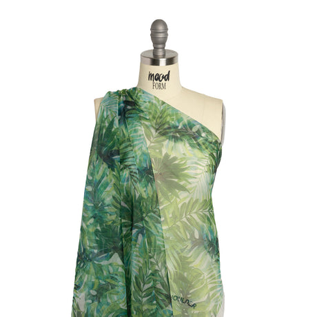 Polyester and Viscose Organza - Green and Sky Blue Topical Leaves