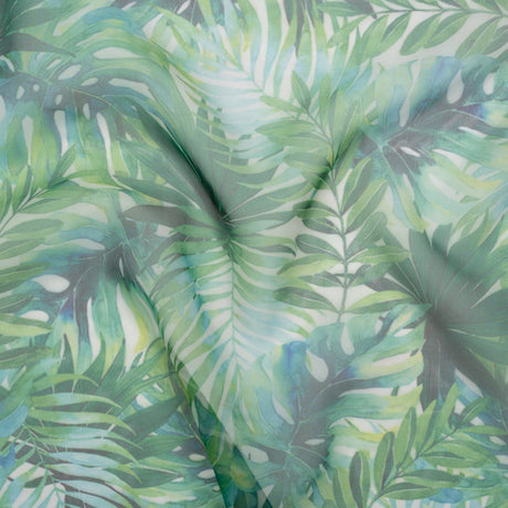 Polyester and Viscose Organza - Green and Sky Blue Topical Leaves