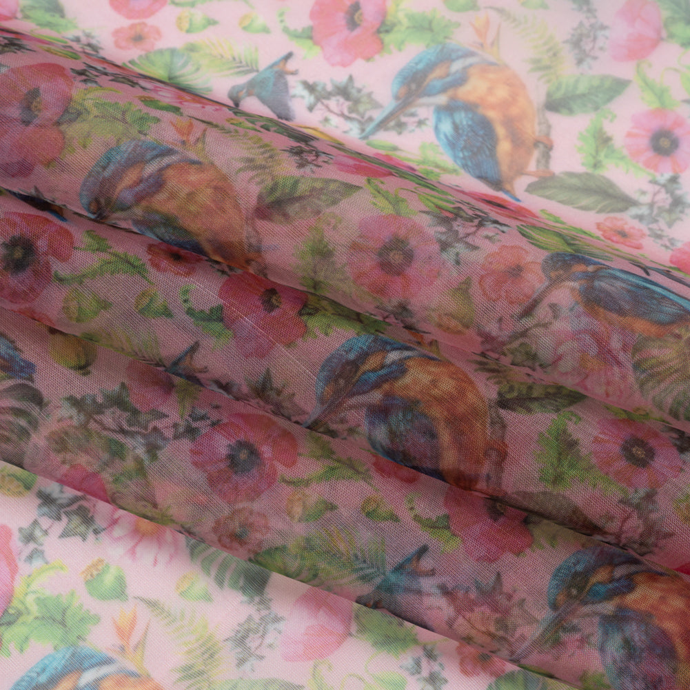 Polyester and Viscose Organza - Pink, Blue and Green Tropical Leaves, Birds and Flowers