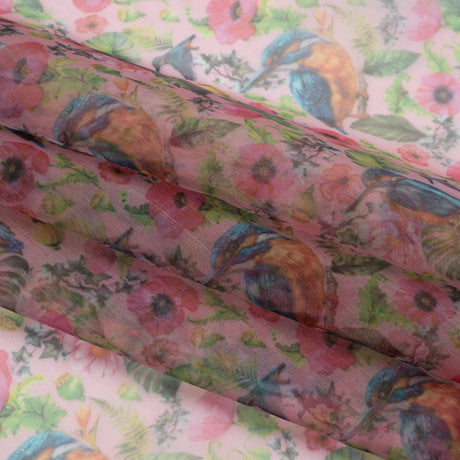 Polyester and Viscose Organza - Pink, Blue and Green Tropical Leaves, Birds and Flowers