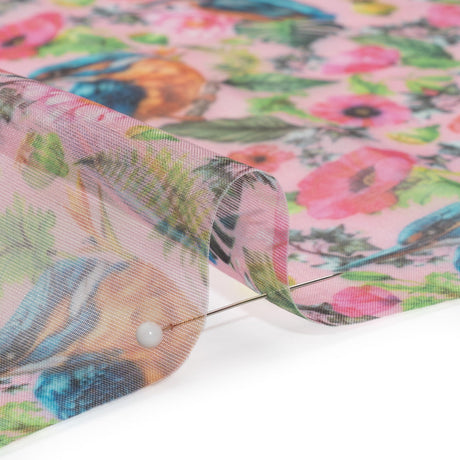 Polyester and Viscose Organza - Pink, Blue and Green Tropical Leaves, Birds and Flowers