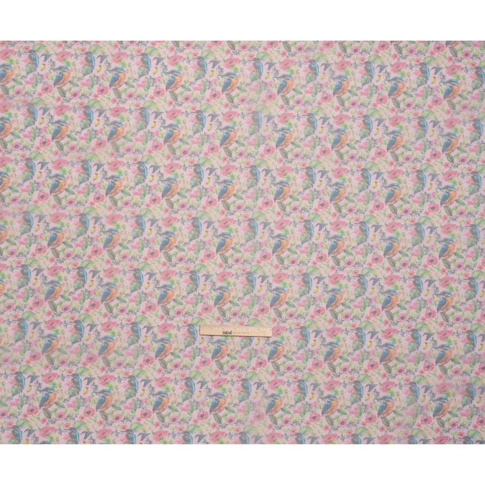 Polyester and Viscose Organza - Pink, Blue and Green Tropical Leaves, Birds and Flowers