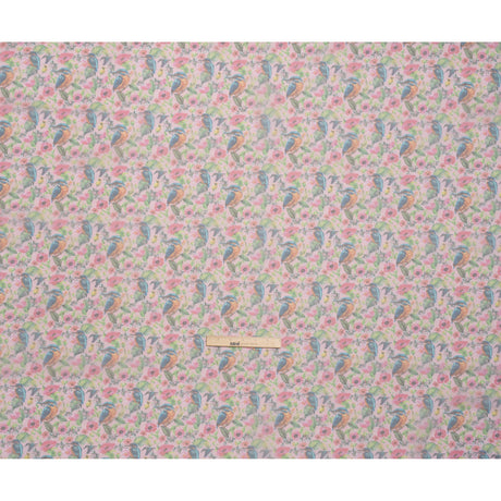 Polyester and Viscose Organza - Pink, Blue and Green Tropical Leaves, Birds and Flowers