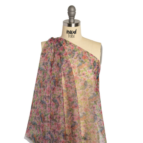 Polyester and Viscose Organza - Pink, Blue and Green Tropical Leaves, Birds and Flowers