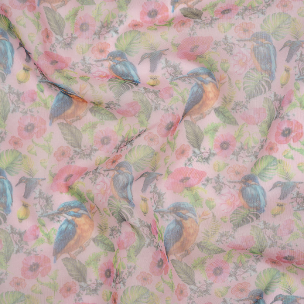 Polyester and Viscose Organza - Pink, Blue and Green Tropical Leaves, Birds and Flowers