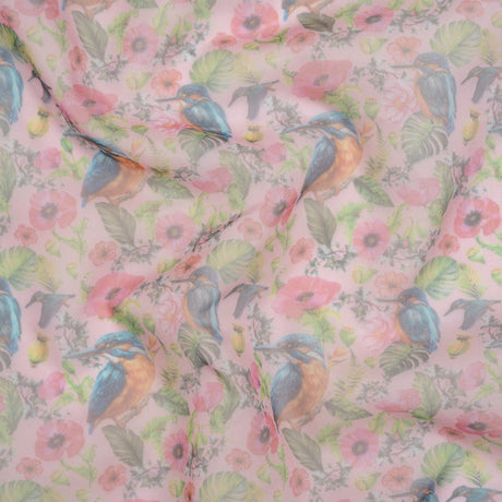 Polyester and Viscose Organza - Pink, Blue and Green Tropical Leaves, Birds and Flowers
