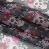 Polyester and Viscose Organza - Black, Pink and Ivory Flower Skulls