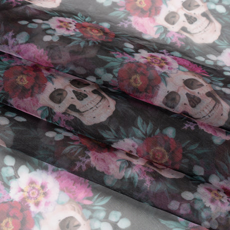 Polyester and Viscose Organza - Black, Pink and Ivory Flower Skulls