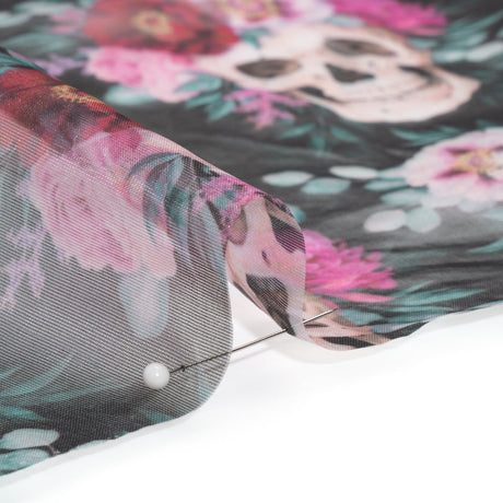 Polyester and Viscose Organza - Black, Pink and Ivory Flower Skulls