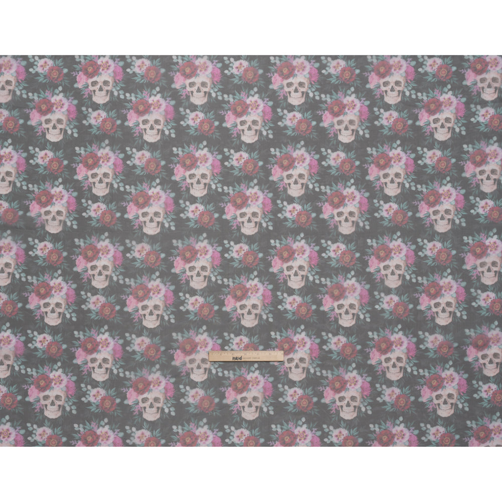 Polyester and Viscose Organza - Black, Pink and Ivory Flower Skulls