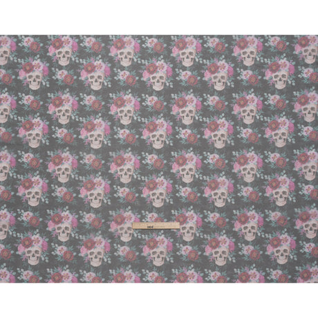 Polyester and Viscose Organza - Black, Pink and Ivory Flower Skulls