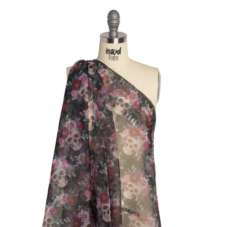 Polyester and Viscose Organza - Black, Pink and Ivory Flower Skulls