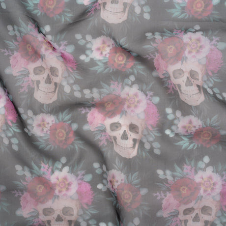Polyester and Viscose Organza - Black, Pink and Ivory Flower Skulls
