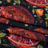 Polyester Microvelvet - Red, Green and Black Pomegranates and Flowers