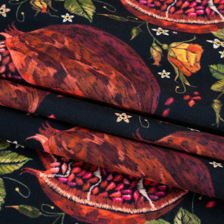 Polyester Microvelvet - Red, Green and Black Pomegranates and Flowers