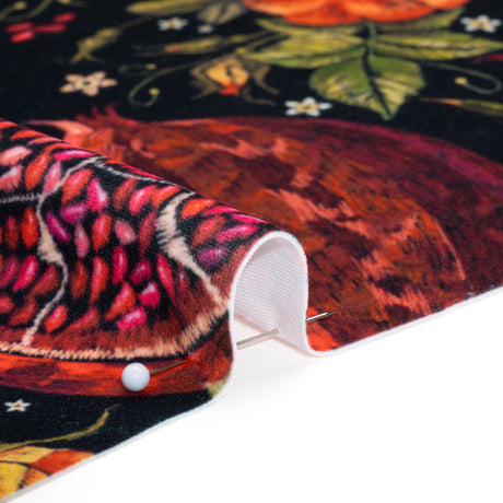 Polyester Microvelvet - Red, Green and Black Pomegranates and Flowers