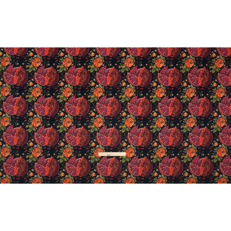 Polyester Microvelvet - Red, Green and Black Pomegranates and Flowers